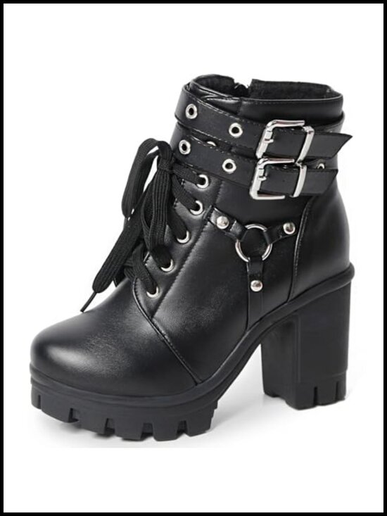 Shoes - Goth Women Platform High Heel Boots Buckle Combat Ankle Booties